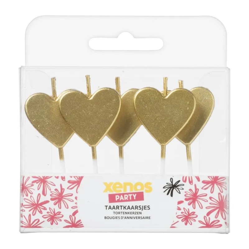 Xenos Taartkaarsjes|Bruiloft-Taartkaarsjes hartjes - goud - set van 5