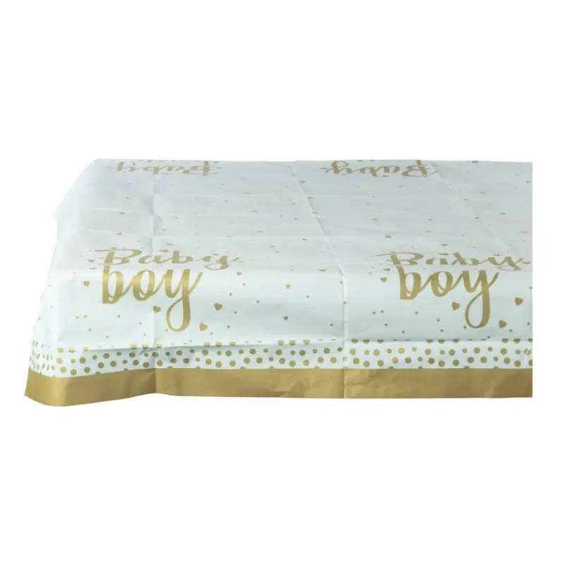Xenos Wegwerptafelkleden|Babyshower-Tafelkleed baby boy - blauw/goud - 136x220 cm
