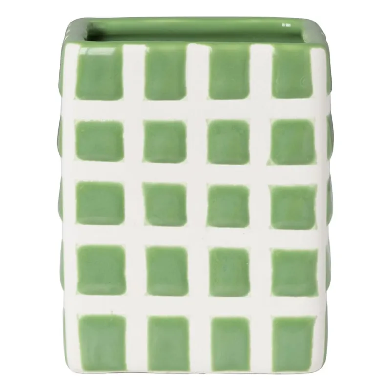 Xenos Tandenborstelbekers|Badkamer Accessoires-Tandenborstel beker blokjes - groen/wit - 8.8x7x7 cm