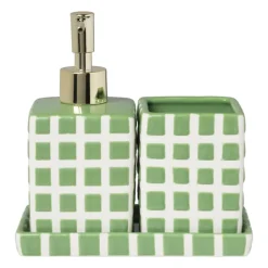 Xenos Tandenborstelbekers|Badkamer Accessoires-Tandenborstel beker blokjes - groen/wit - 8.8x7x7 cm