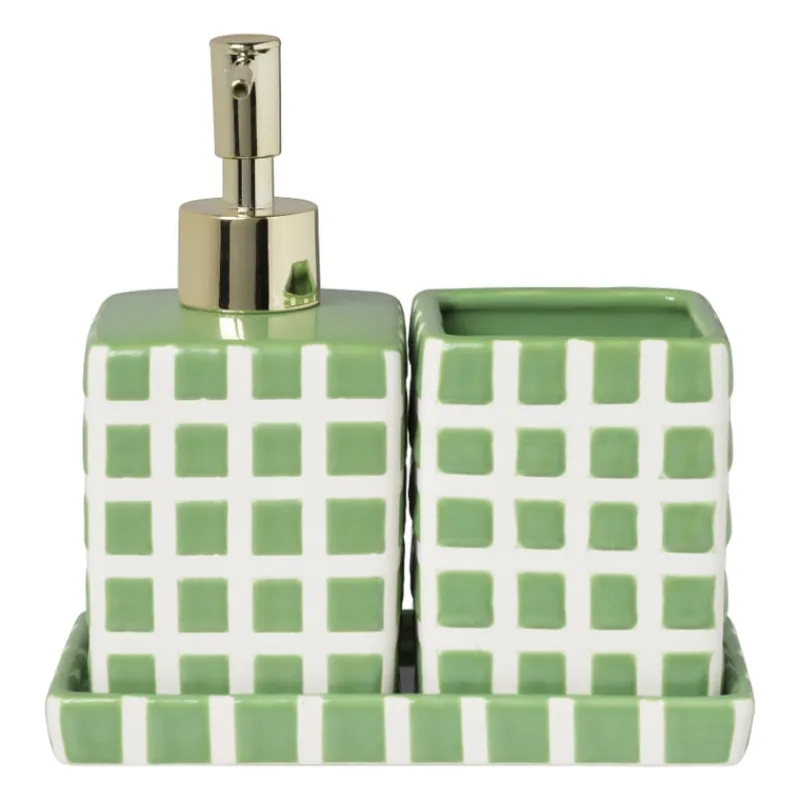 Xenos Tandenborstelbekers|Badkamer Accessoires-Tandenborstel beker blokjes - groen/wit - 8.8x7x7 cm