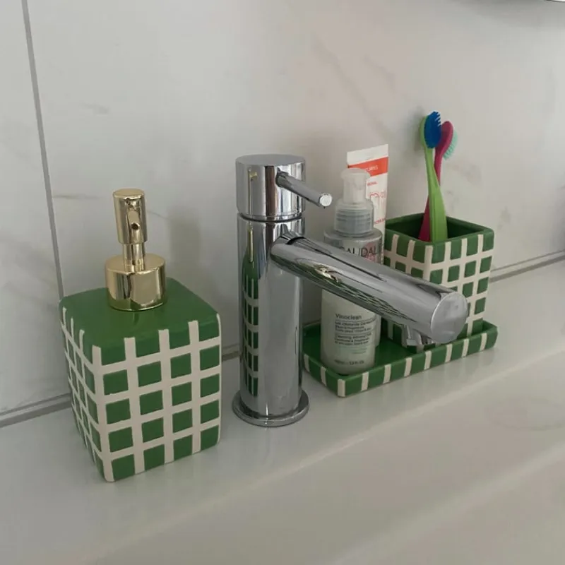 Xenos Tandenborstelbekers|Badkamer Accessoires-Tandenborstel beker blokjes - groen/wit - 8.8x7x7 cm