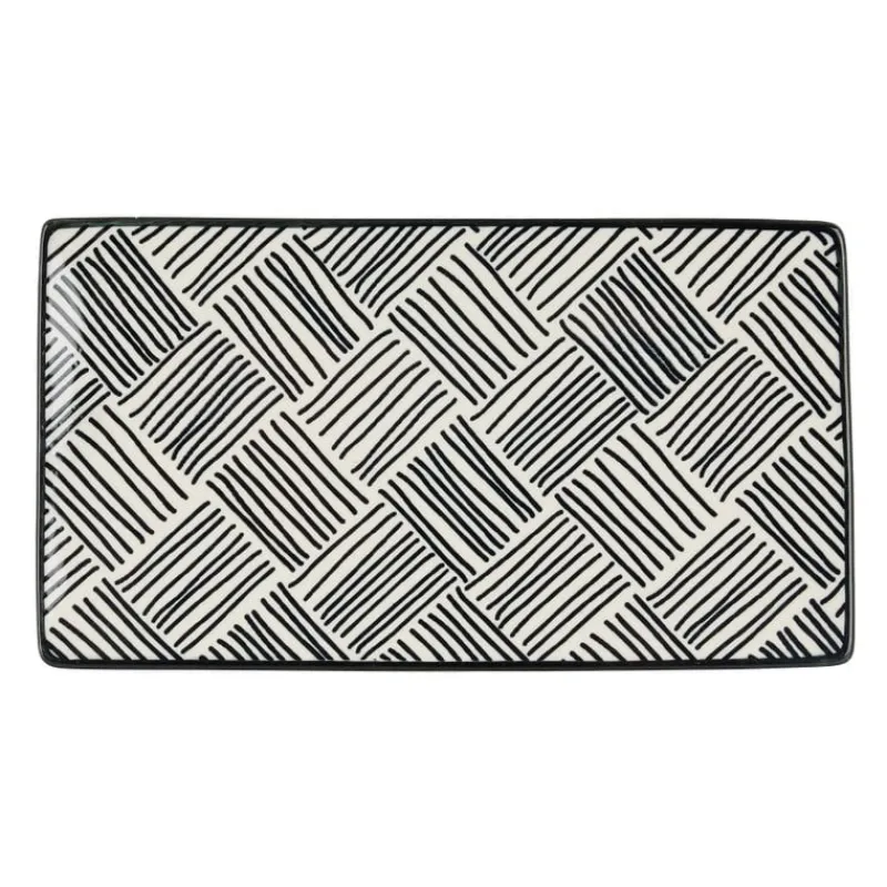 Xenos Borden|Sushi Servies-Tapas bord Sevilla - zwarte streepjes - 21.5x12 cm