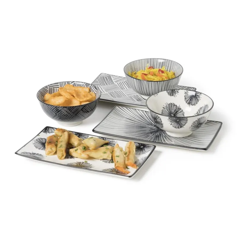 Xenos Borden|Sushi Servies-Tapas bord Sevilla - zwarte streepjes - 21.5x12 cm