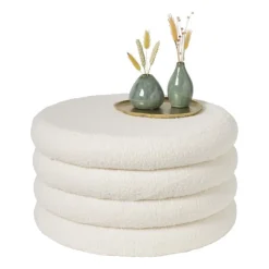 Xenos Poefjes-Teddy poef gelaagd xl - wit - ø55x32 cm