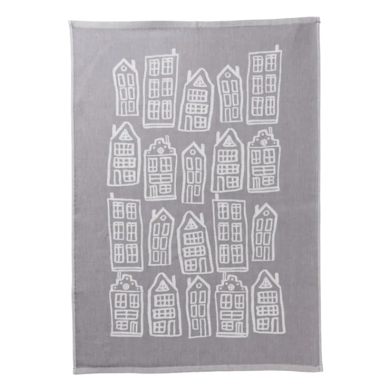 Xenos Thee- En Keukendoeken-Theedoek antraciet huisjes - antraciet/wit - 50x70 cm
