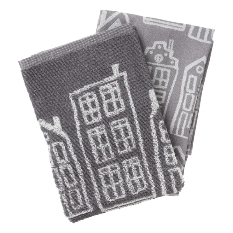 Xenos Thee- En Keukendoeken-Theedoek antraciet huisjes - antraciet/wit - 50x70 cm