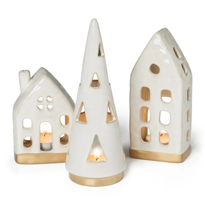 Xenos Kersthuisjes|Waxinelichthouders-Theelichthouder huis - glazed - 6.5x4.5x16.5 cm