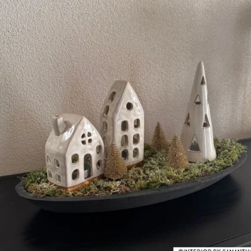 Xenos Kersthuisjes|Waxinelichthouders-Theelichthouder huis - glazed - 6.5x4.5x16.5 cm