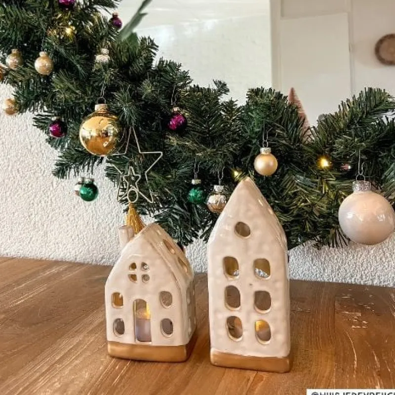Xenos Kersthuisjes|Waxinelichthouders-Theelichthouder huis - glazed - 6.5x4.5x16.5 cm
