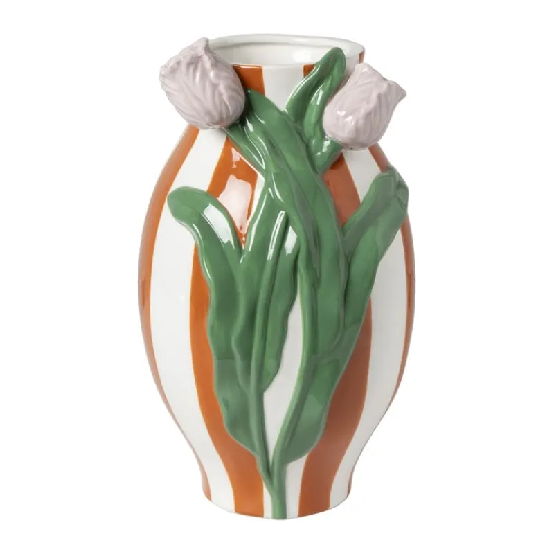 Xenos Vazen|Vazen-Vaas gestreept met tulp - oranje/groen/roze - ø15.6x28.5 cm