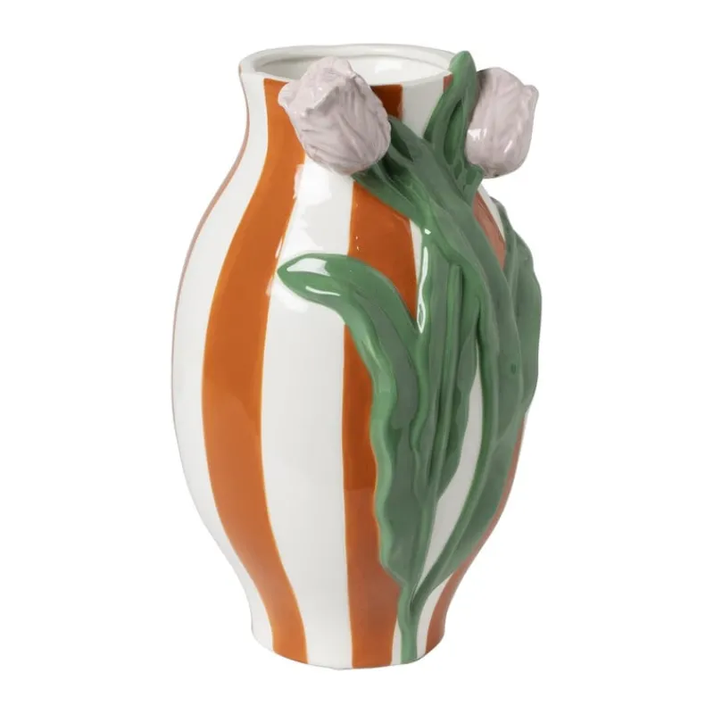 Xenos Vazen|Vazen-Vaas gestreept met tulp - oranje/groen/roze - ø15.6x28.5 cm