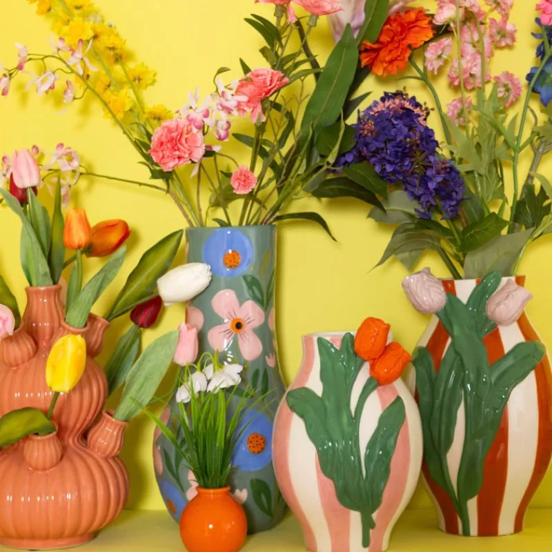 Xenos Vazen|Vazen-Vaas gestreept met tulp - oranje/groen/roze - ø15.6x28.5 cm