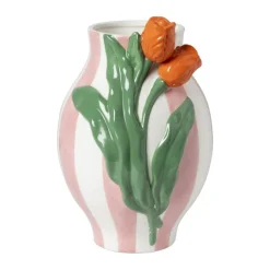 Xenos Vazen|Vazen-Vaas gestreept met tulp - roze/groen/oranje - ø16.6x24 cm