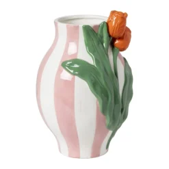 Xenos Vazen|Vazen-Vaas gestreept met tulp - roze/groen/oranje - ø16.6x24 cm