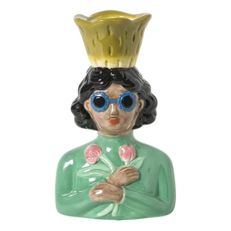 Xenos Vazen|Vazen-Vaas vrouw met bloemen - groen - 24.5x16.3x11.3 cm