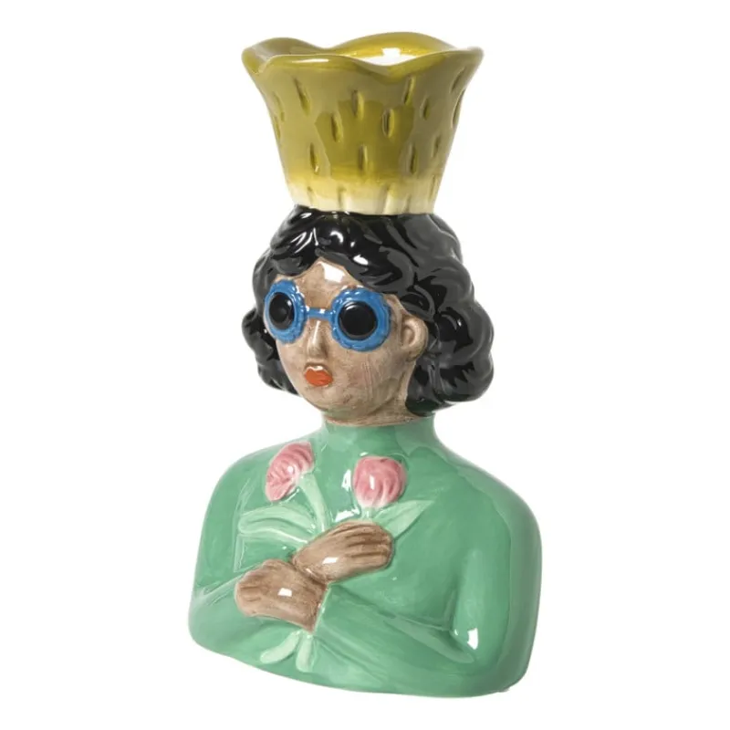 Xenos Vazen|Vazen-Vaas vrouw met bloemen - groen - 24.5x16.3x11.3 cm