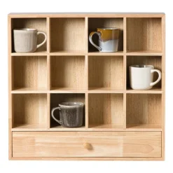 Xenos Kerstcadeaus|Vakkenkasten-Wandkastje voor mokken met lade - bruin - 53x50x10 cm