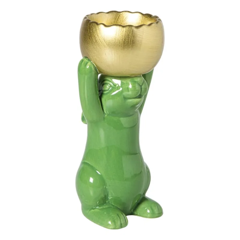 Xenos Waxinelichthouders-Waxinelichthouder haas - groen/goudkleurig - 8.5x13x6.5 cm