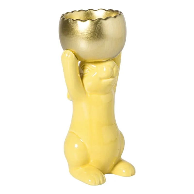 Xenos Waxinelichthouders-Waxinelichthouder haas - geel/goudkleurig - 8.5x13x6.5 cm