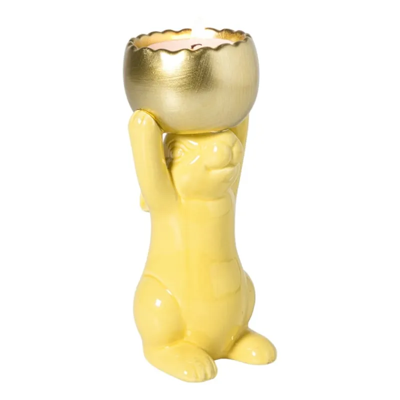 Xenos Waxinelichthouders-Waxinelichthouder haas - geel/goudkleurig - 8.5x13x6.5 cm
