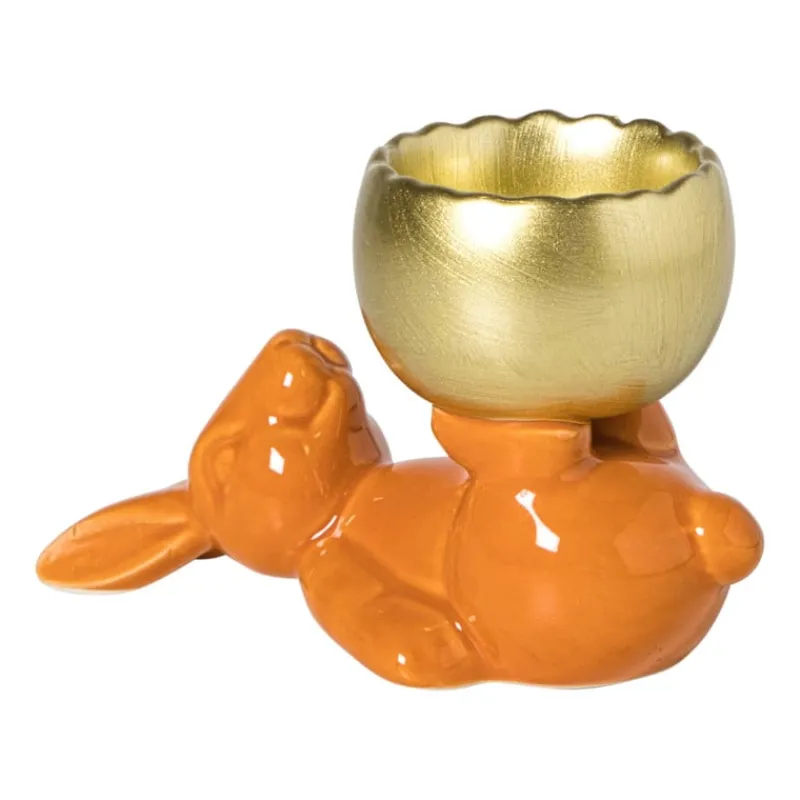 Xenos Waxinelichthouders-Waxinelichthouder haas - oranje/goudkleurig - 8.5x13x6.5 cm