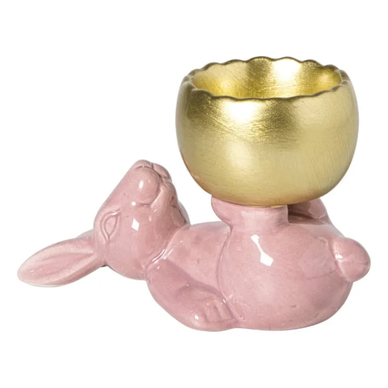 Xenos Waxinelichthouders-Waxinelichthouder haas - roze/goudkleurig - 8.5x13x6.5 cm