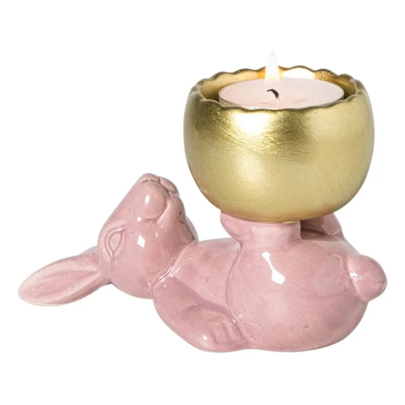 Xenos Waxinelichthouders-Waxinelichthouder haas - roze/goudkleurig - 8.5x13x6.5 cm