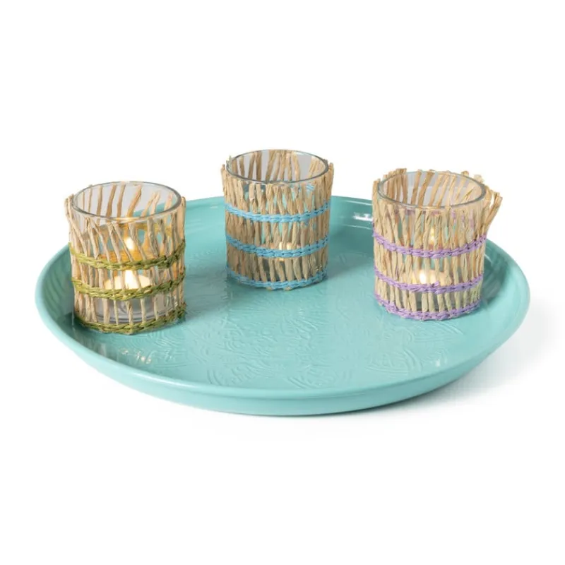 Xenos Waxinelichthouders-Waxinelichthouder riet - paars - ø8x9 cm