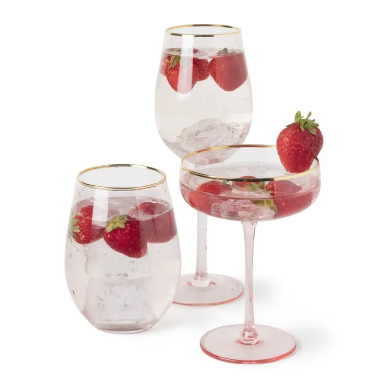 Xenos Wijnglazen-Wijnglas gouden rand - roze - 380 ml