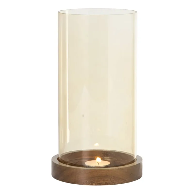 Xenos Lantaarns-Windlicht glas en hout groot - beige/bruin - ø12x25 cm
