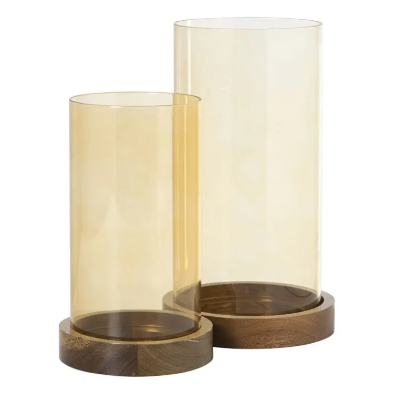 Xenos Lantaarns-Windlicht glas en hout groot - beige/bruin - ø12x25 cm