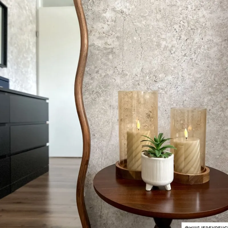 Xenos Lantaarns-Windlicht glas en hout groot - beige/bruin - ø12x25 cm