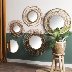 Xenos Wandspiegels-Zonnespiegel met rotan rand - ø55 cm