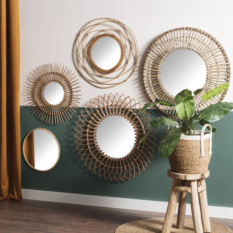 Xenos Wandspiegels-Zonnespiegel met rotan rand - ø55 cm